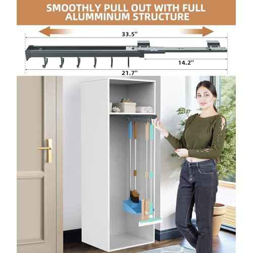 Pull Out Broom Holder, Multifunctional Slide Broom And Mop Storage/Organizer With Adjustable Double Row Sliding Hook, Garage Organization Hooks, for Closet Laundry Garage - Dark grey - 36cm