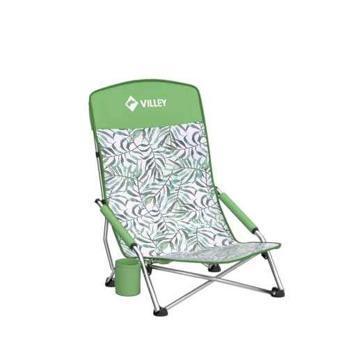 VILLEY Low Beach Chairs for Adults 2 Pack, High Back Folding Chairs, Lightweight and Portable for Outdoor, Camping, Lawn, with Cup Holder and Carry Bag - Green Tropical Leaves