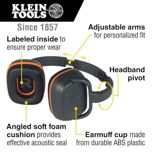 KLEIN TOOLS 60613 Behind-the-Head Earmuffs, 25dB Hearing Protection, Adjustable Headband, for Construction, Manufacturing, Maintenance, Woodworking