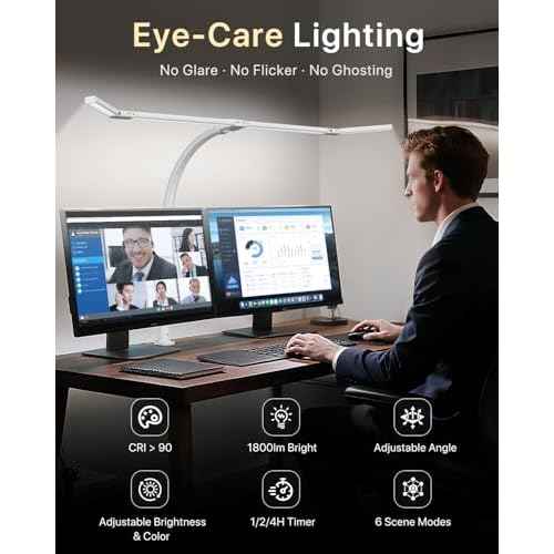 ONEMIX 42" LED Desk Lamp with Clamp, Architect Desk Light with Remote, Adjustable 4-Segment Bar, 1800LM Bright, Eye-Caring Desk Lamp for Home Office, Reading, Study, Dual Monitors, Workbench (White)