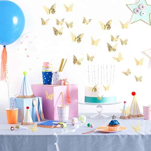 144 Pcs Gold Butterfly Wall Decor, 3D Butterfly Stickers 6 Styles and 3 Sizes, Removable Mural Stickers Metallic Butterflies Decorations for Walls