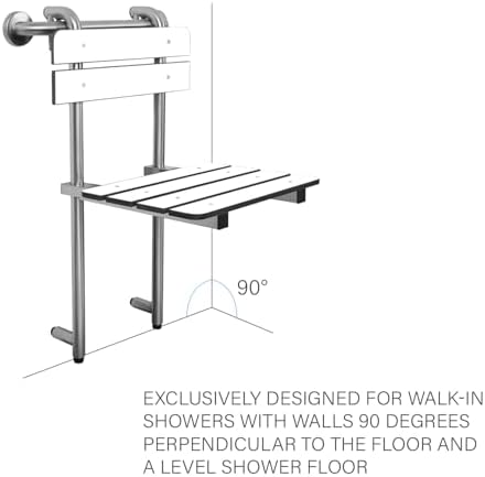 Portable Hanging Profile Bench Shower Seat with 18-inch Grab Bar, Grab Bar Supported, Stainless Steel, White