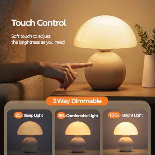NIORSUN Wireless Mushroom Lamp,Table Lamp for Bedroom, Portables Cordless Lamps,Wireless lamp,Small Bedside Table Touch Lamps for Living Room,Mini Mushroom 5200mAh Battery Operated Lamp Modern (White)