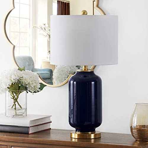 SAFAVIEH Lighting Collection Amaia Modern Contemporary Navy Glass 26-inch Bedroom Living Room Home Office Desk Nightstand Table Lamp (LED Bulb Included)
