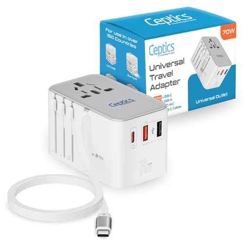 Ceptics GAN 70W Universal Travel Adapter with 65cm Retractable USB-C Cable, 2X USB-A (1x QC 3.0), 1x Type C Port (PD 70W), Universal Power Adapter with Type A, C, G, I Output