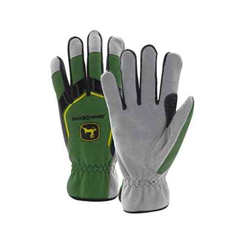 John Deere Men's Split Cowhide Leather Palm Gloves, Cut Resistant, Keystone Thumb, Flexible Fit, Green/Black