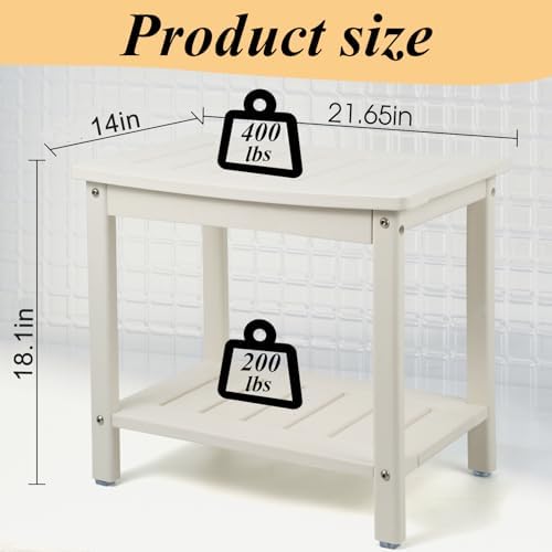 HDPE Shower Bench, Shower Stool with Storage Shelf 2-Tier Spa Stool for Inside Shower,Water Resistant & Non-Slip Design Shower Seat (White L Size)
