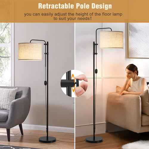 GyroVu Floor Lamp for Living Room, Adjustable Height Standing Lamps with 350¡Æ Rotate Beige Lampshade, 67.5-Inch Modern Tall Lamp Dimmable Floor Lamps for Corner Bedroom Home Office (Bulb Included)