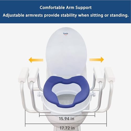 Raised Toilet Seat Risers for Seniors, Padded Elevated Toilet Seat with Handles, 5 Inch Height, Support to 300 LBS, White, Blue