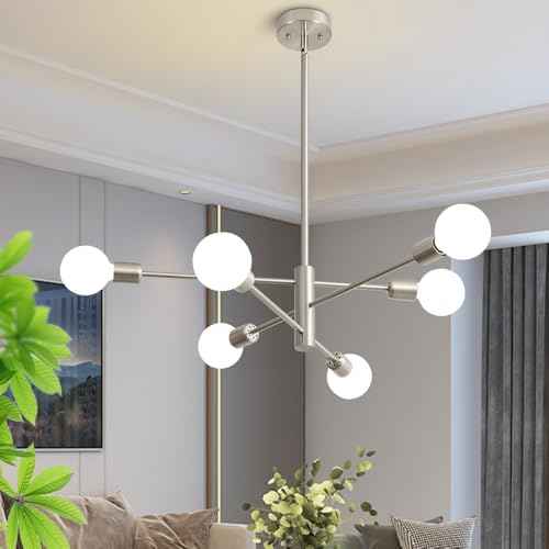 Sputnik Chandelier Modern Brushed Nickel Chandeliers 6-Light Mid Century Ceiling Lighting Fixture for Living Room, Kitchen, Bedroom, Dining Room, and Farmhouse (6-Light)