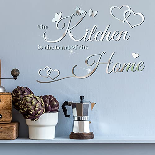 Kitchen Wall Stickers Kitchen The Heart of The Home 3D Acrylic Mirror Wall Decal Removable Quotes Sign Butterfly Heart Saying Decals DIY Art Decoration for Home Dining Room