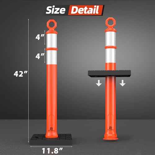 RoadHero 42 Inch Delineator Post with Base, Portable Orange Traffic Delineator Posts Cones with Reflective Collars for Parking Lots, Road Safety, Construction Events (3 Pack)