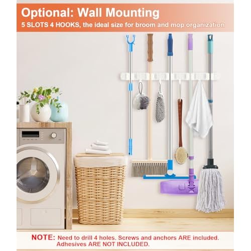 Broom Holder Over The Door Drilling Free Mop and Broom Holder with 4 Over Door Hook, Metal Mop and broom hanger Wall Mount Broom Storage Tool Organizer for Laundry Room Garage Bathroom - white