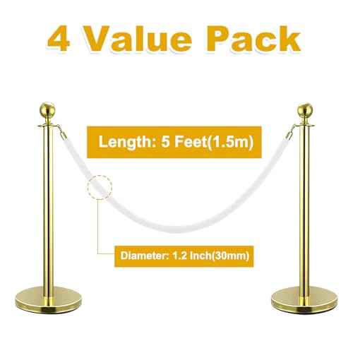 4 Pack 5 Feet White Velvet Stanchion Rope, Crowd Control Ropes with Gold Clasps, Foam Core Queue Safety Sarriers Stanchion Post Rope for Party Event and Red Carpet