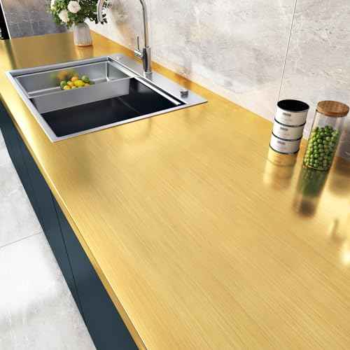 WESTICK Glossy Stainsteel Steel Gold Contact Paper for Countertops Waterproof Brushed Gold Wallpaper Peel and Stick Metallic Refrigerator Vinyl Wrap for Fridge Dishwasher Cabinets DIY 15.8" x 80"