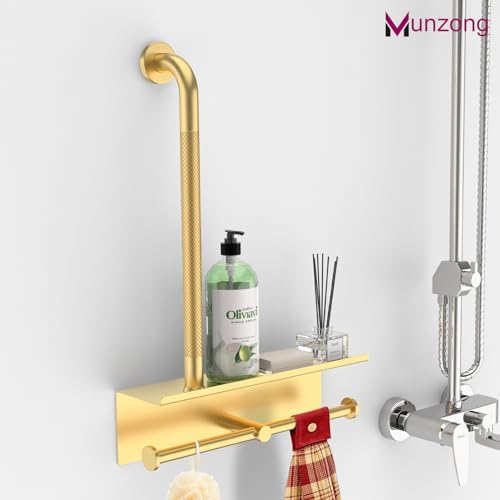Bathroom Grab Bar w/Toilet Tissue Roll Holder, Gold 3 in 1 Double Toilet Paper Holders w/Storage Shelf, Anti Slip Stainless Steel Safety Hand Rail Support Handicap Elderly Senior Assist Bath Handle