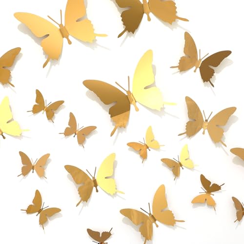 24PCS Metal Gold Butterfly Wall Decor with Hot Melt, 5.9" 3.94" 2.36" 3D Gold Butterfly Wall Decor Adhesive Flying Butterflies for Bedroom Ceiling Living Room Fences Patio Wedding Birthday Party