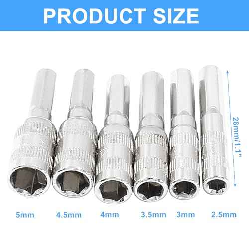 6 in 1 Hex Socket Adapter with H4 Shank, 2.5mm 3mm 3.5mm 4mm 4.5mm 5mm Metric 6 Point Power Nut Driver Drill Bit Set