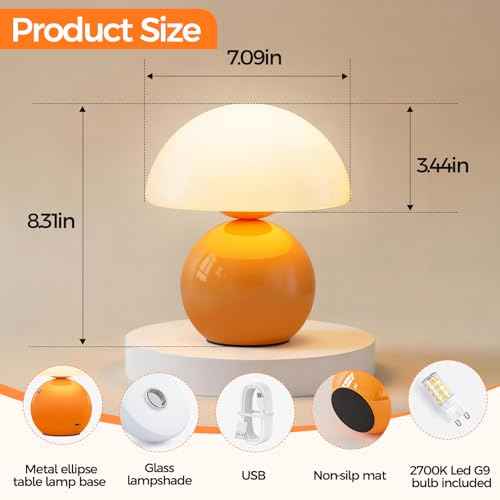 NIORSUN Mushroom Lamp Table Lamp for Bedroom, Portables Cordless Table Lamp,Wireless lamp,Small Bedside Table Touch Lamps for Living Room,Mini Mushroom 5200mAh Battery Operated Lamp Modern Orange