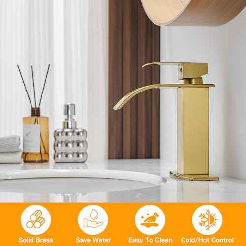 BESy Brushed Gold Waterfall Bathroom Faucets, Single Hole Single Handle Bathroom Sink Faucet, 1 Hole Rv Vanity Faucet 3 Hole Deck Plate