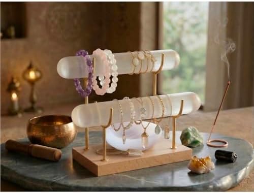 Selenite Charging Plate,Selenite Bracelet Holder,Crystal Bracelet Holder,Unique Gifts For Crystal Lovers,Jewelry Wrap Organizer Holder With Wooden Base For Bangles Charging Cleansing (Storage + Bowl)