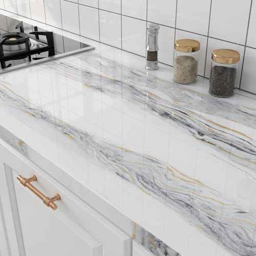 FunStick Gold White Marble Countertop Contact Paper Waterproof Marble Contact Paper for Countertops Cabinets Removable Marble Wallpaper Peel and Stick Countertops for Kitchen Bathroom Table 15.8"x80"