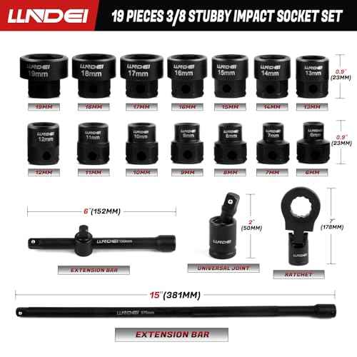 LLNDEI 3/8" Nano Sockets, Drive Stubby Impact Socket Set, 19-Piece Long Flex Head Ratcheting Wrench Set Extension Bar(6"-15"), 6-19mm Metric Stubby Socket Set, Cr-Mo material