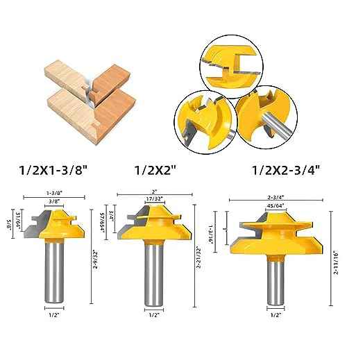45 Degree Lock Miter Router Bit 3-Piece Set, for 31/64", 3/4"£¬1"£¬Cutting Height, 1/2 Inch Shank.Woodworking Tools Joint Router Bits 3PCS 1/2 Shank)