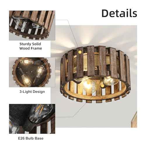 Farmhouse Flush Mount Ceiling Light, 12.2 Inch 3-Light Metal and Wood Close to Ceiling Light Fixture, Rustic Ceiling Light for Kitchen, Dining Room, Living Room, Hallway