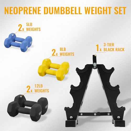 Fitvids Neoprene Coated Dumbbell Set with Rack, Free Hand Weight Set For Home Gym Workout, Anti-Slip, Anti-roll, 20LBS, 32LBS, 50LBS and 56LBS Sets, Multiple Weight Options