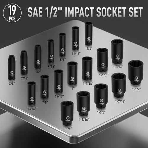 DISEN 19 Pcs 1/2" SAE Impact Socket Set, Deep Sockets 3/8"- 1-1/2", 6-Point Cr-V & Alloy Steel, 1/2 Inches Drive Impact Socket Set,Rugged Construction, Enhanced Storage Case