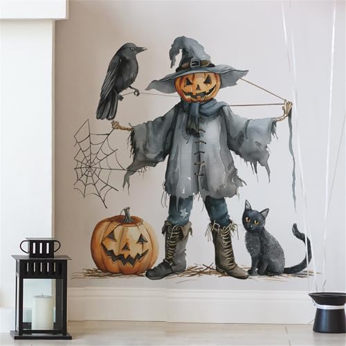 2 Sheets Halloween Wall Stickers Pumpkin Scarecrow Crow Black Cat Spider Wall Decals,Peel and Stick Vinyl Wall Decor for Halloween Party Decoration Festive Atmosphere(23.6"x11.8"Each)