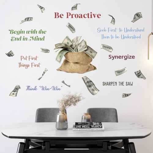 2Sheets Creative Money Bag Filled Dollars Object Wall Decal Removable DIY Inspirational Quotes Wall Decals Vinyl Peel and Stick Money Wallpaper for Girls Boys Bedroom Living Room Bathroom Decor