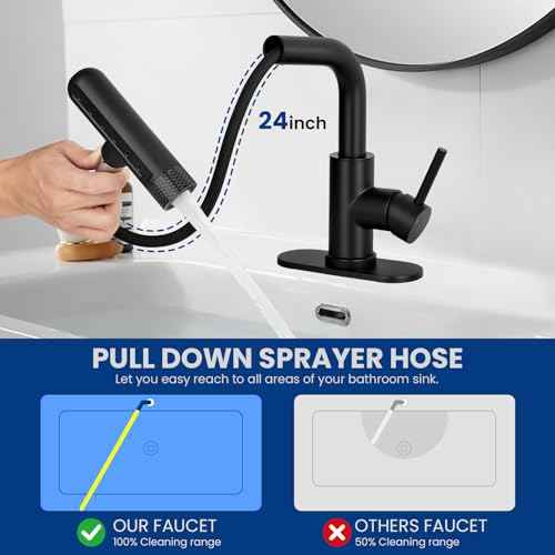 Matte Black Bathroom Faucet with Pull Down Sprayer, 6 Water Mode, Single Handle, 1 or 3 Hole Bathroom Sink Faucet with Pop Up Drain for RV Bar Laundry Vanity