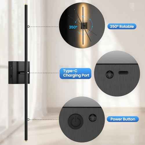Battery Operated Wall Sconces Set of 2, Rechargeable Wall Lights Wireless Sconces with Touch and Remote, 2500K-6500K Dimmable Wall Lights for Bedroom, Night Light, 350¡ÆRotation,28 Inch (2 Pack)