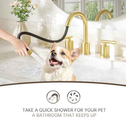 Phiestina Brushed Gold Bathroom Faucet Pull Down- 8 Inch Widespread 3-Hole with Pull-Out Sprayer,Lead-Free Stainless Steel,Metal Pop-Up Drain,Water Supply Lines,2 Handles,WFZY01CL-BG