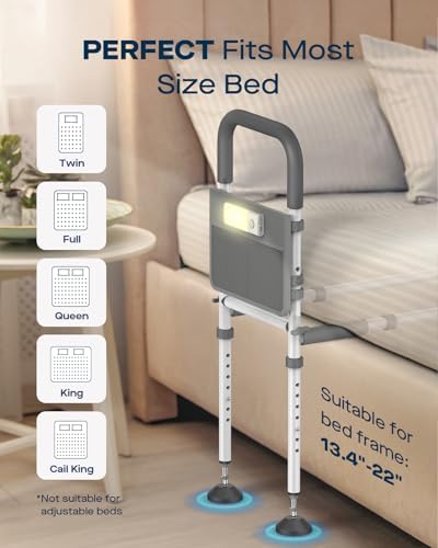 Bed Rails for Elderly Adults Safety, Adjustable Bed Assist Rail for Seniors with Motion Sensor LED Light & Storage Pocket, Non-Slip Handle Support Bar, Fits Twin/Full/Queen/King
