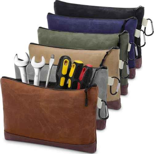 Eccliy 6 Pack Waxed Canvas Pouch 13 x 7.5 Inch Heavy Duty Tool Bags Small Canvas Storage Pouch with Zipper Carabiner Water Resistant Multipurpose Organizer for Men Tools Gadgets Organizers