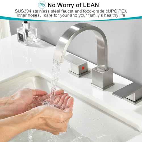 Widespread 8 Inch Brushed Nickel Bathroom Sink Faucet, Waterfall Nickel Stainless Steel Bathroom Faucet for Sink 3 Hole, Vanity Lavatory Sink Faucets with Drain & Water Hoses