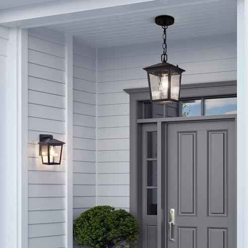 Outdoor Pendant Light, Black Outdoor Porch Light fixtures with Anti-Rust, Exterior Hanging Lantern, Height Adjustable Outside Chandelier with Water Glass for House Patio Garage