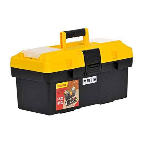 MEIJIA Portable Tool Storage Box, Organizers With Detachable Tray And Top Cover Storage Available,Black And Yellow(14.5")