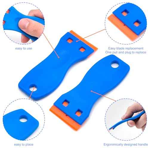 8 Pcs Plastic Razor Blade Scraper and 100 Pcs Blades, Remove Label Decal Tool£¬ Forwithout Scratches Plastic Razor Blade Scraper, Adhesive Remover for Stickers, Kitchen Appliances and Paints on Window