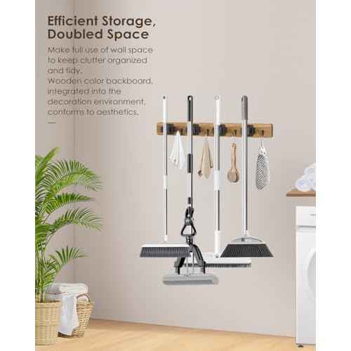 AceMining Broom Holder Wall Mounted, 2 Pack 4 Holders and 4 Hooks Mop Holder, Wooden Mop and Broom Holder with Anti slip rubber, Natural pine wood Brush Holder, Mop Wall Holde with Nail installation