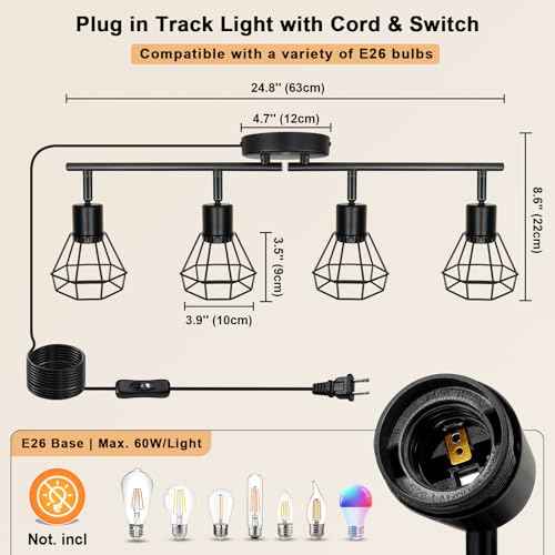HiBay Plug in Track Lighting Fixtures Ceiling, Adjustable 4-Light Track Light Black, Directional Modern Ceiling Spotlight E26 with 16.4ft Cord & in-Line On/Off Switch for Kitchen Living Room Dorm