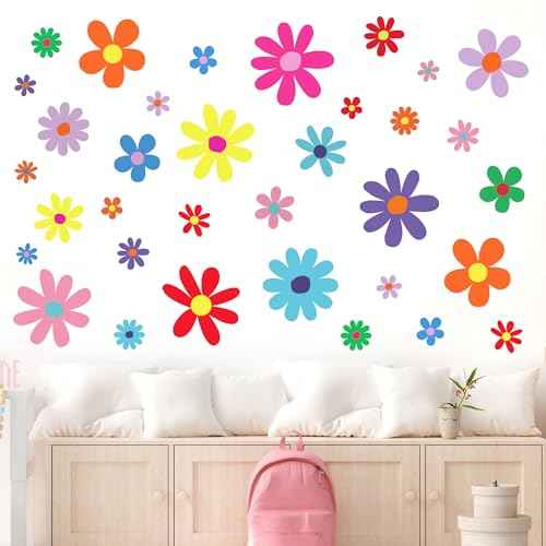 12 Sheets Daisy Wall Decals Boho Flower Wall Stickers Cute Kids Girls Room Decor Peel and Stick Floral Decals Toddler Nursery Playroom Living Room Bedroom Classroom Retro Hippie Decor Bright Style
