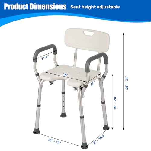 Shower Chair with Arms and Back Heavy Duty 330lbs, Shower Seat for Inside Shower Bathroom Chair with U-Shaped Cutout Seat & Cold-Proof Pads, Tools-Free Assembly