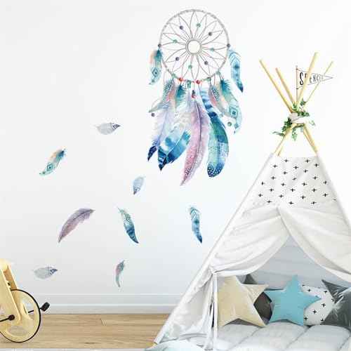 Blue-Green Dream Catcher Feathers Wall Stickers, sacinora Plume Wall Decals Removable Vinyl Peel and Stick for Living Room Bedroom Nursery Art Decorations