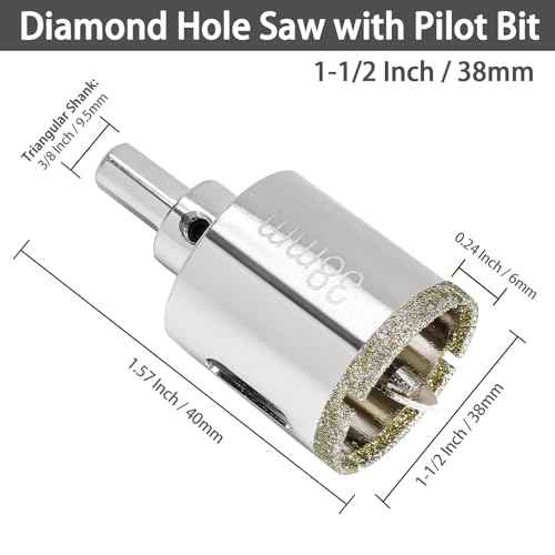 1-1/2 Inch Diamond Hole Saw with Pilot Drill Bit, 1-9/16 Inch Cutting Depth Glass Tile Hole Saw for Marble, Granite, Fiberglass, Porcelain, Quartz