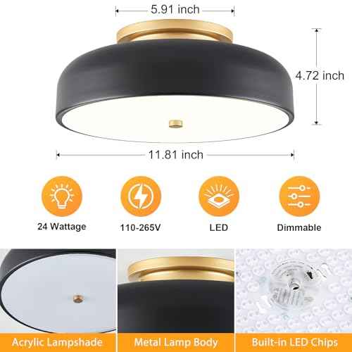 Dimmable LED Ceiling Light Fixture, 2700K-6000K 5CCT Modern Mid-Century Semi Flush Mount Ceiling Light, Black Close to Ceiling Lamp for Kitchen, Laundry Room, Bedroom, Hallway, 11.8in