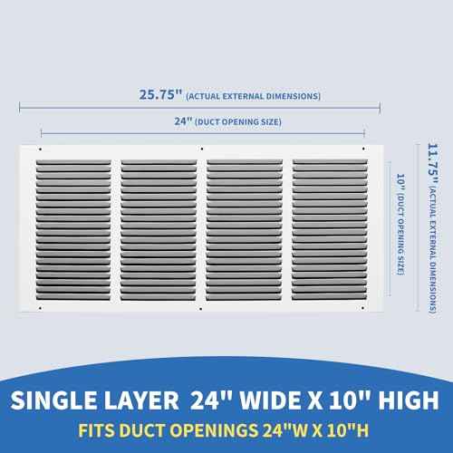 24x10 Return Air Grille (Duct Opening Size), Air Return Vent Cover, AC Vent Cover, Cold Air Return Vent Cover, Flat Return Air Grilles, Outer Dimensions:25.75"W x 11.75"H (24"Wx10"H, Duct Opening)